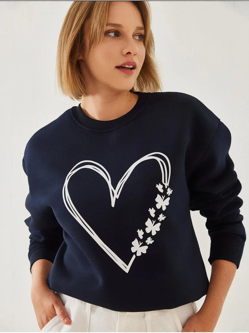Sweatshirt com estampado de corações e gola redonda escovada lucci Azul-marinho - Kiabi