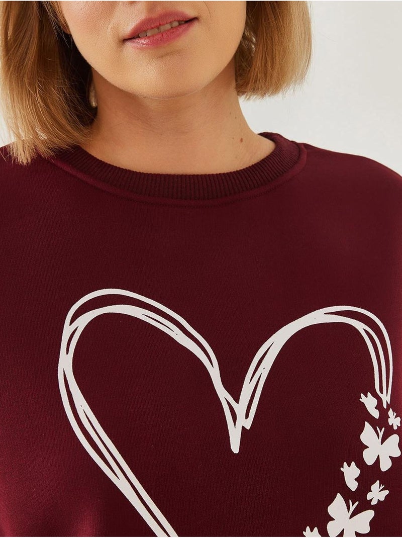 Sweatshirt com estampado de corações e gola redonda escovada lucci Vermelho bordô - Kiabi
