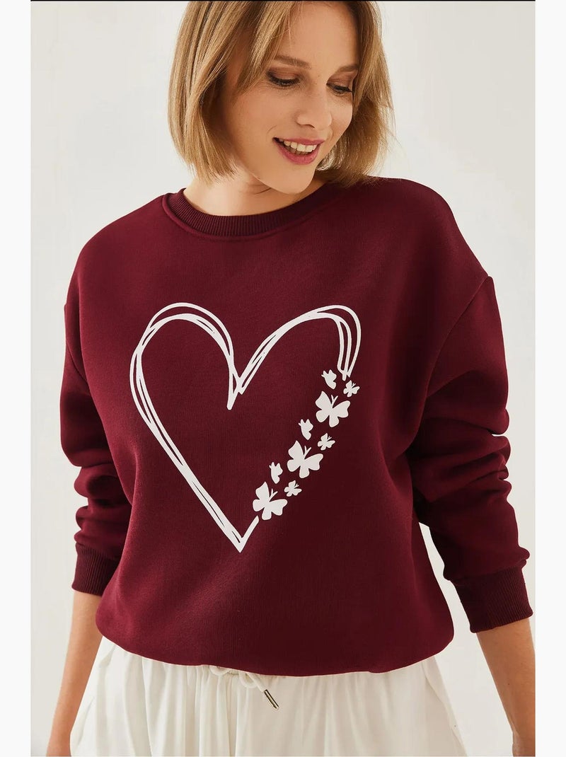Sweatshirt com estampado de corações e gola redonda escovada lucci Vermelho bordô - Kiabi