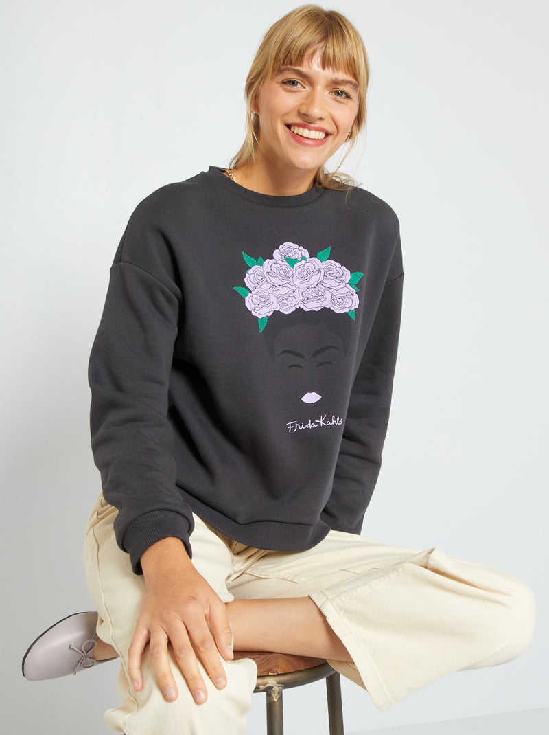 Sweatshirt com estampado 'Frida Kahlo' Cinza Escuro - Kiabi