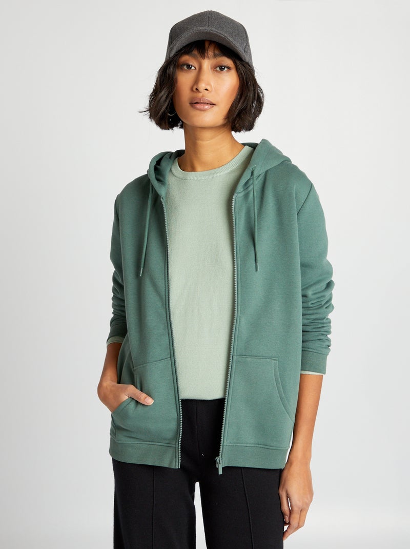 Sweatshirt com fecho e capuz Verde Acinzentado - Kiabi