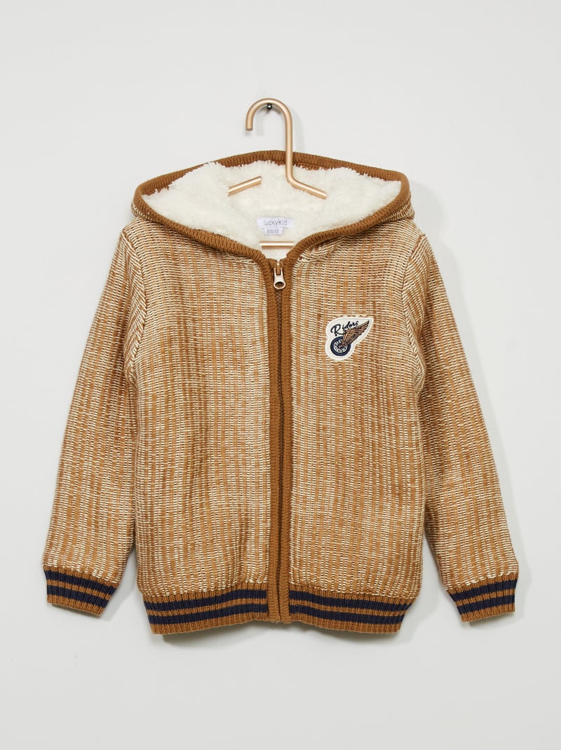 Sweatshirt com fecho em malha de tricô forrada a efeito lã de carneiro bege - Kiabi