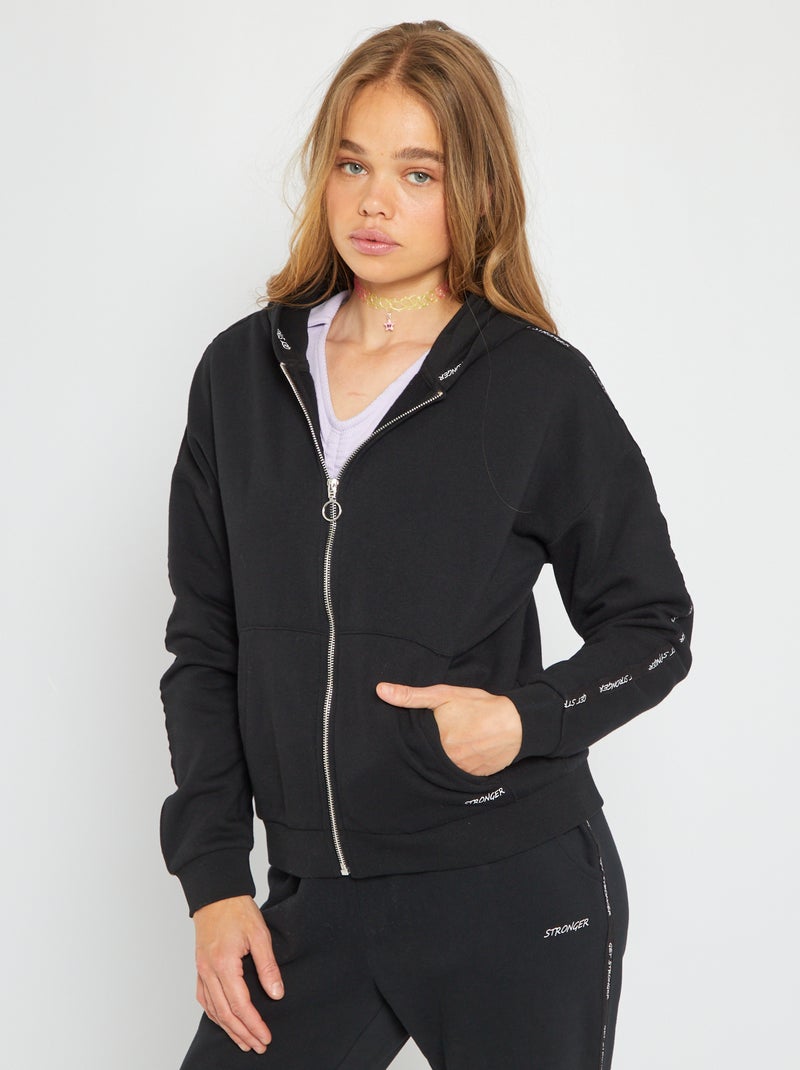 Sweatshirt com fecho lisa com capuz PRETO - Kiabi