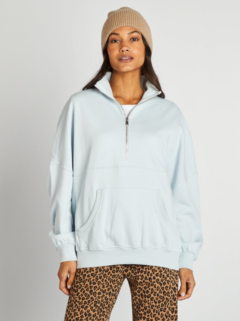 Sweatshirt com gola com fecho e bolso canguru AZUL - Kiabi