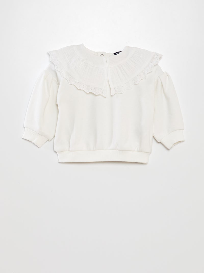 Sweatshirt com gola larga em gaze de algodão + bordados Branco - Kiabi