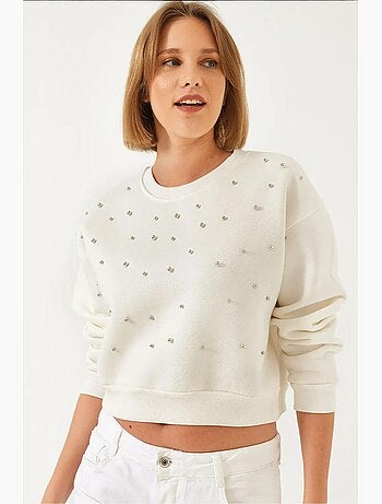 Sweatshirt com gola redonda e bordado de pérolas, fio triplo escovado lucci