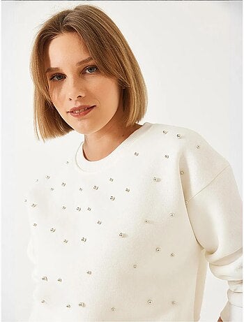 Sweatshirt com gola redonda e bordado de pérolas, fio triplo escovado lucci