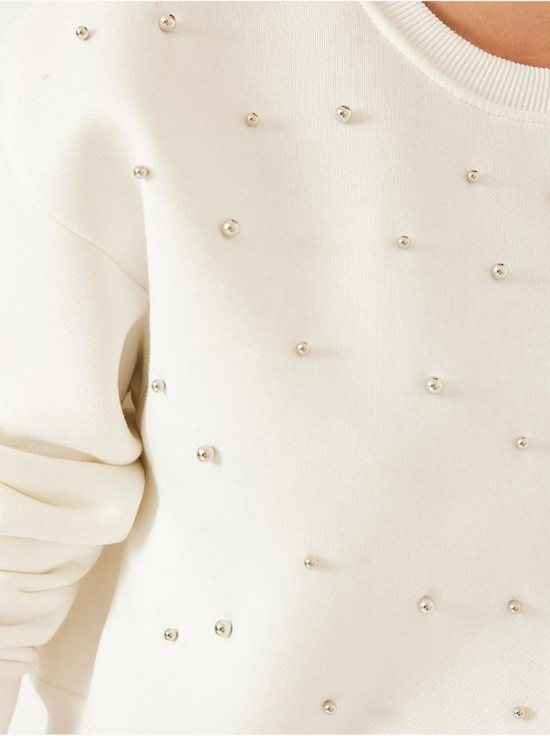 Sweatshirt com gola redonda e bordado de pérolas, fio triplo escovado lucci Creme - Kiabi