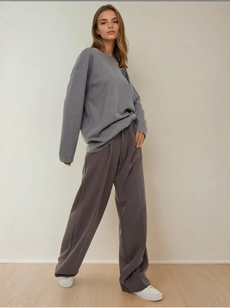 Sweatshirt com gola redonda e waffle Cinza - Kiabi