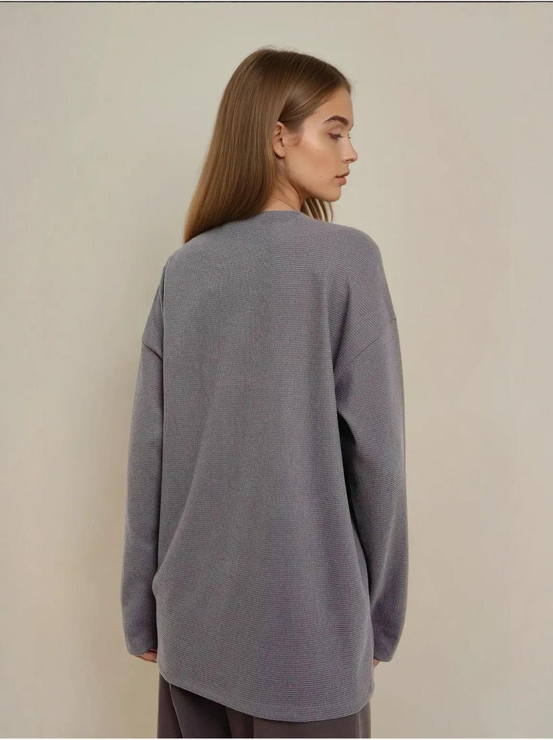 Sweatshirt com gola redonda e waffle Cinza - Kiabi