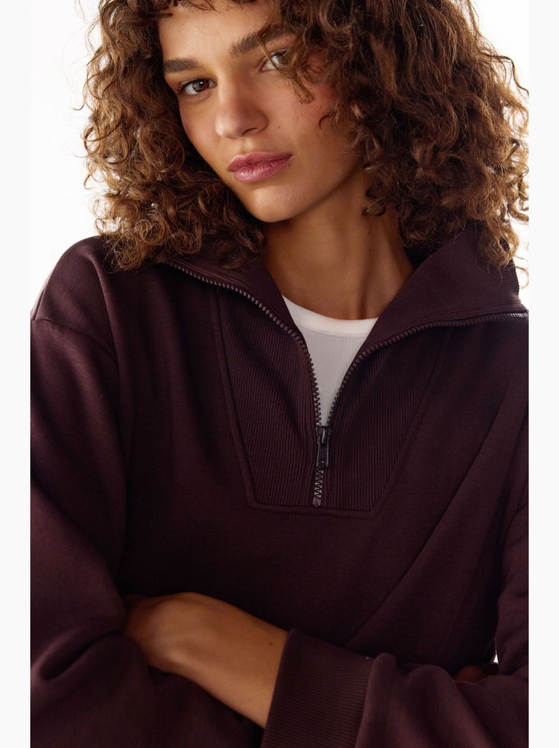 Sweatshirt com meio fecho e interior cardado penti Vermelho bordô - Kiabi