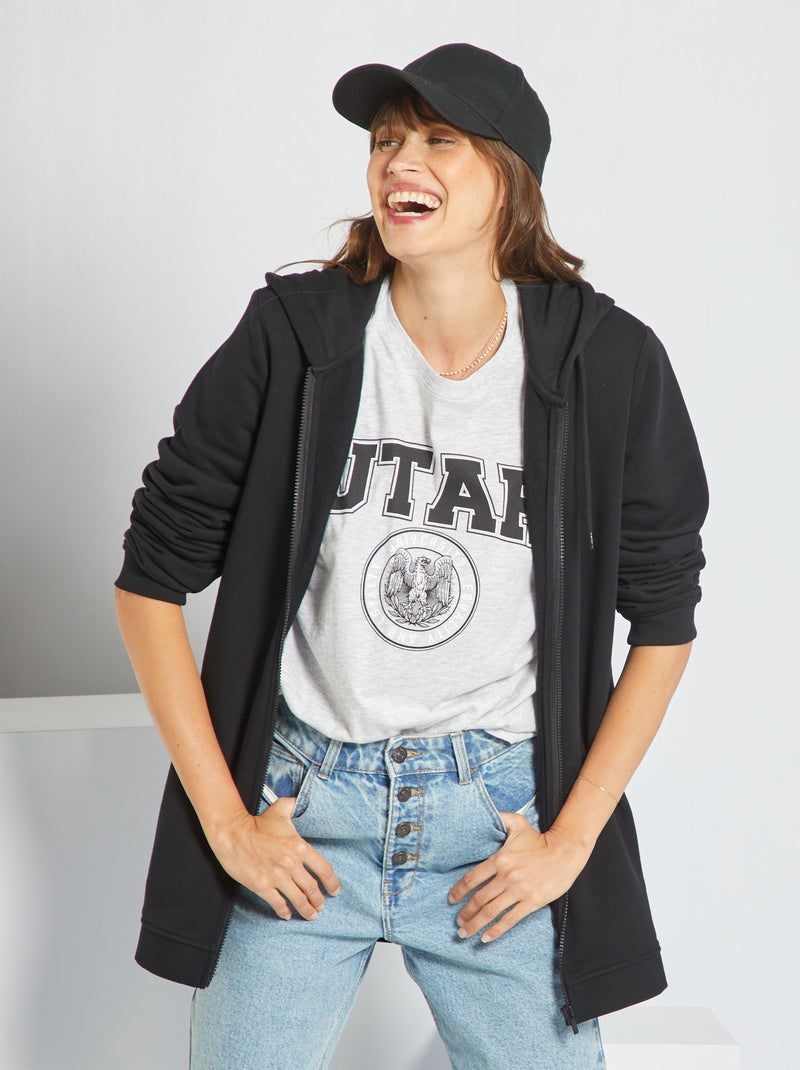Sweatshirt comprida com capuz e fecho PRETO - Kiabi