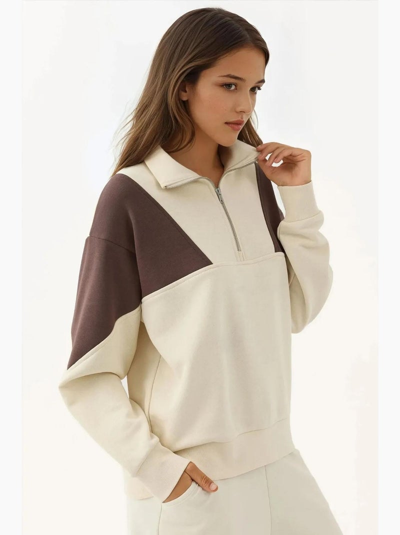 Sweatshirt confortável com gola subida com fecho de correr hiccup Creme - Kiabi