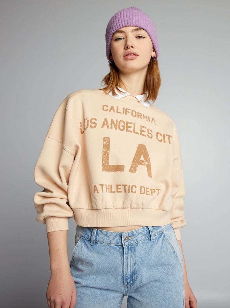 Sweatshirt curta com colarinho de camisa BEGE - Kiabi