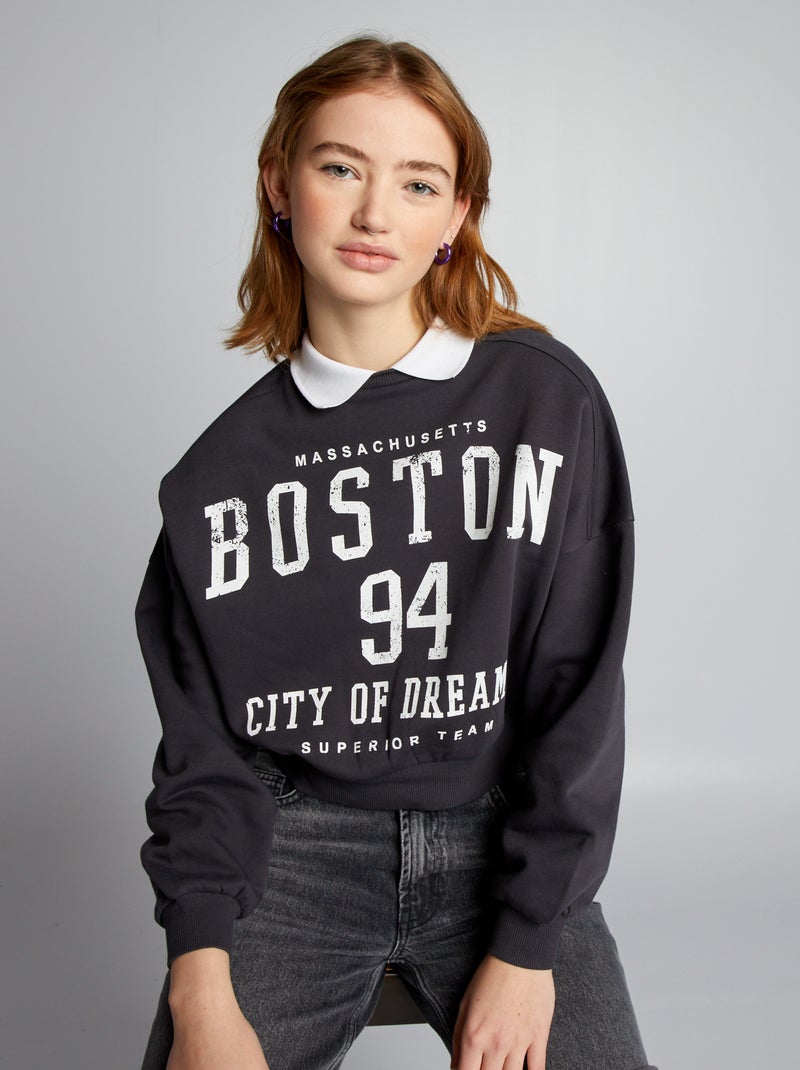 Sweatshirt curta com colarinho de camisa CINZA - Kiabi
