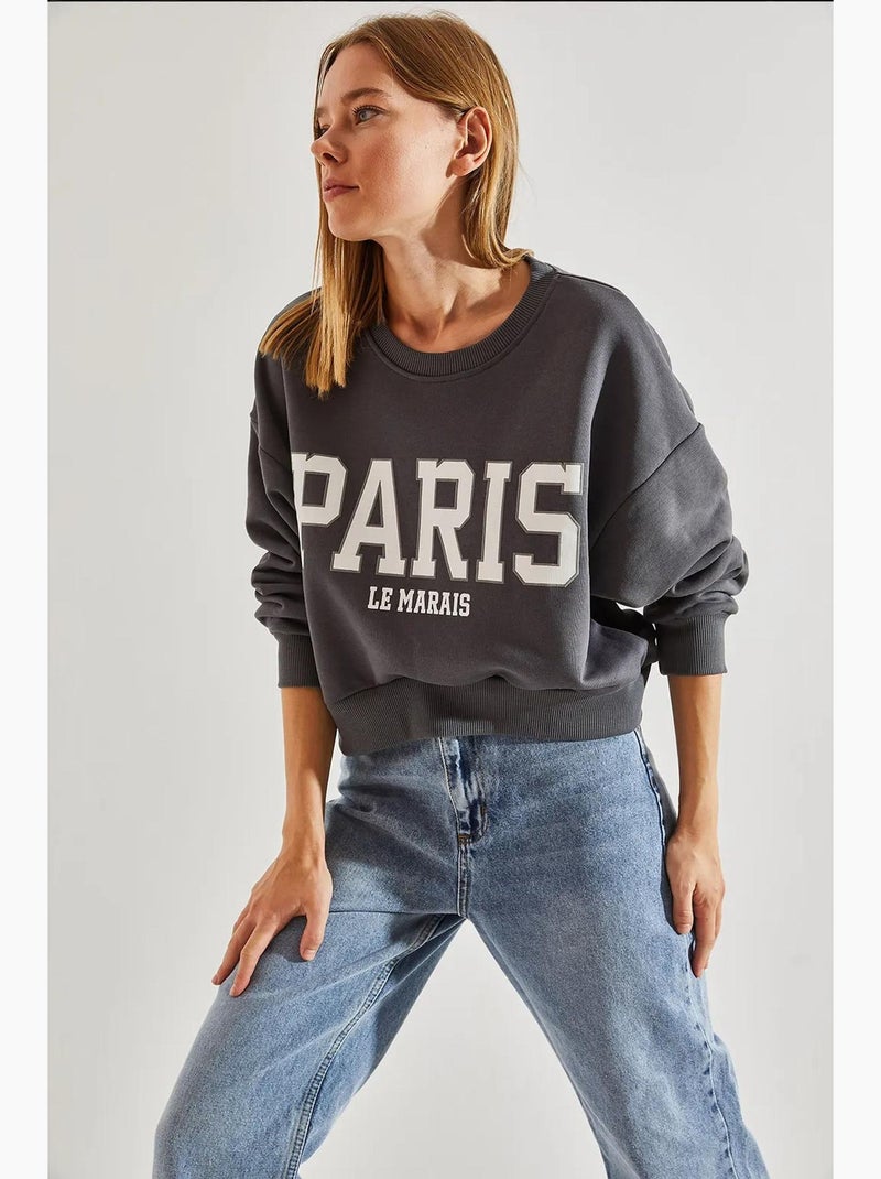 Sweatshirt curta de algodão com decote redondo e estampado de texto à frente lucci Cinza - Kiabi