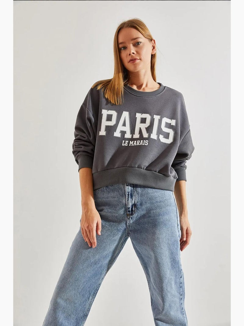 Sweatshirt curta de algodão com decote redondo e estampado de texto à frente lucci Cinza - Kiabi