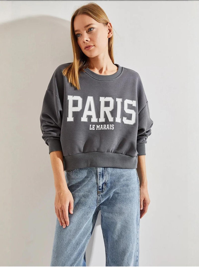 Sweatshirt curta de algodão com decote redondo e estampado de texto à frente lucci Cinza - Kiabi