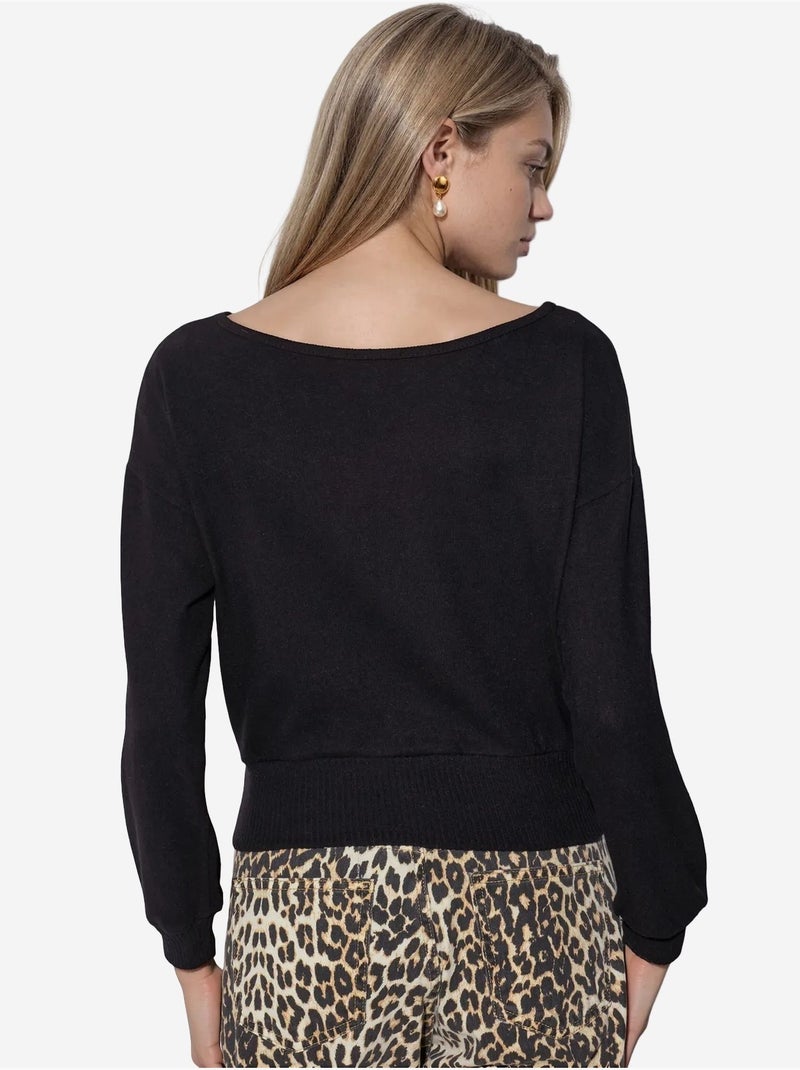 Sweatshirt curta feminina com gola redonda busem Preto - Kiabi