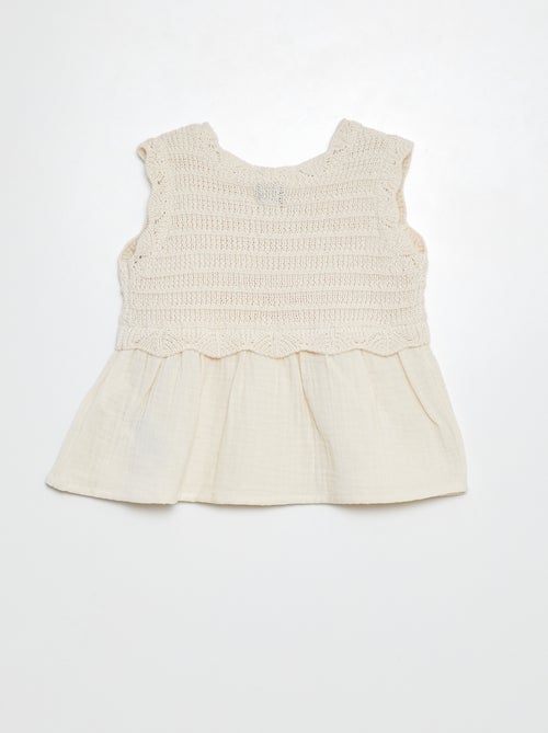 Sweatshirt de croché sem mangas e base em voile de algodão - Kiabi