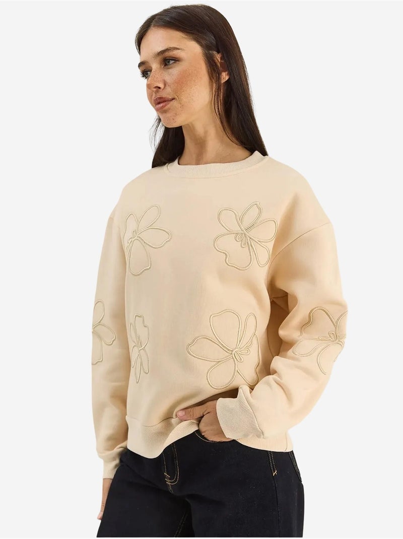 Sweatshirt de gola redonda bordada de manga comprida lucci Bege-argila - Kiabi