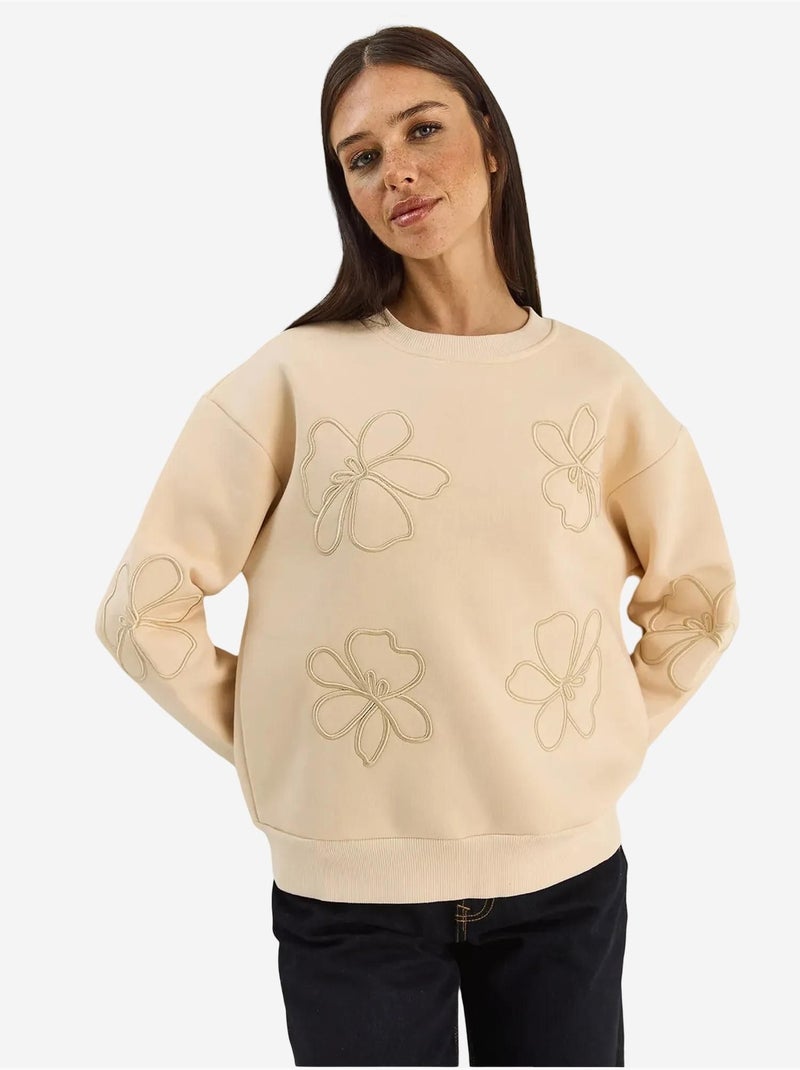 Sweatshirt de gola redonda bordada de manga comprida lucci Bege-argila - Kiabi