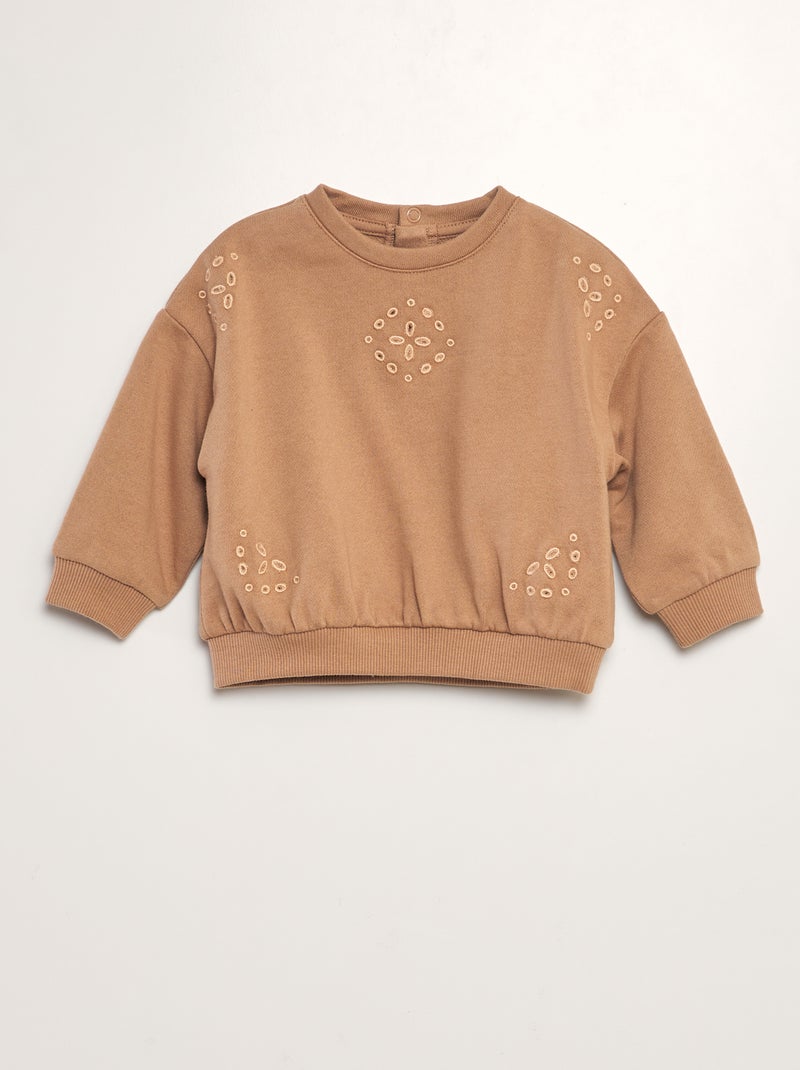 Sweatshirt de gola redonda com bordados BEGE - Kiabi