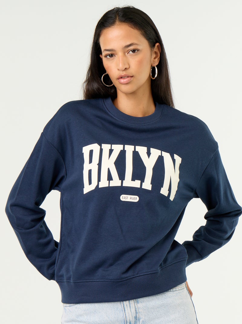 Sweatshirt de gola redonda com inscrição à frente Azul - Kiabi