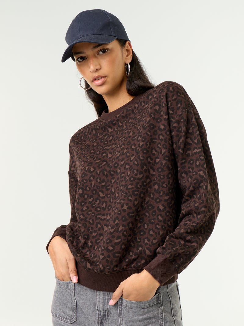 Sweatshirt de gola redonda com inscrição à frente Castanho - Kiabi