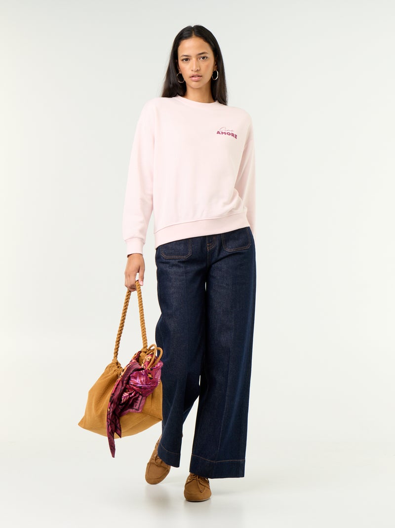 Sweatshirt de gola redonda com inscrição à frente Rosa - Kiabi
