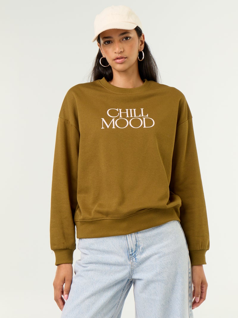 Sweatshirt de gola redonda com inscrição à frente Verde - Kiabi