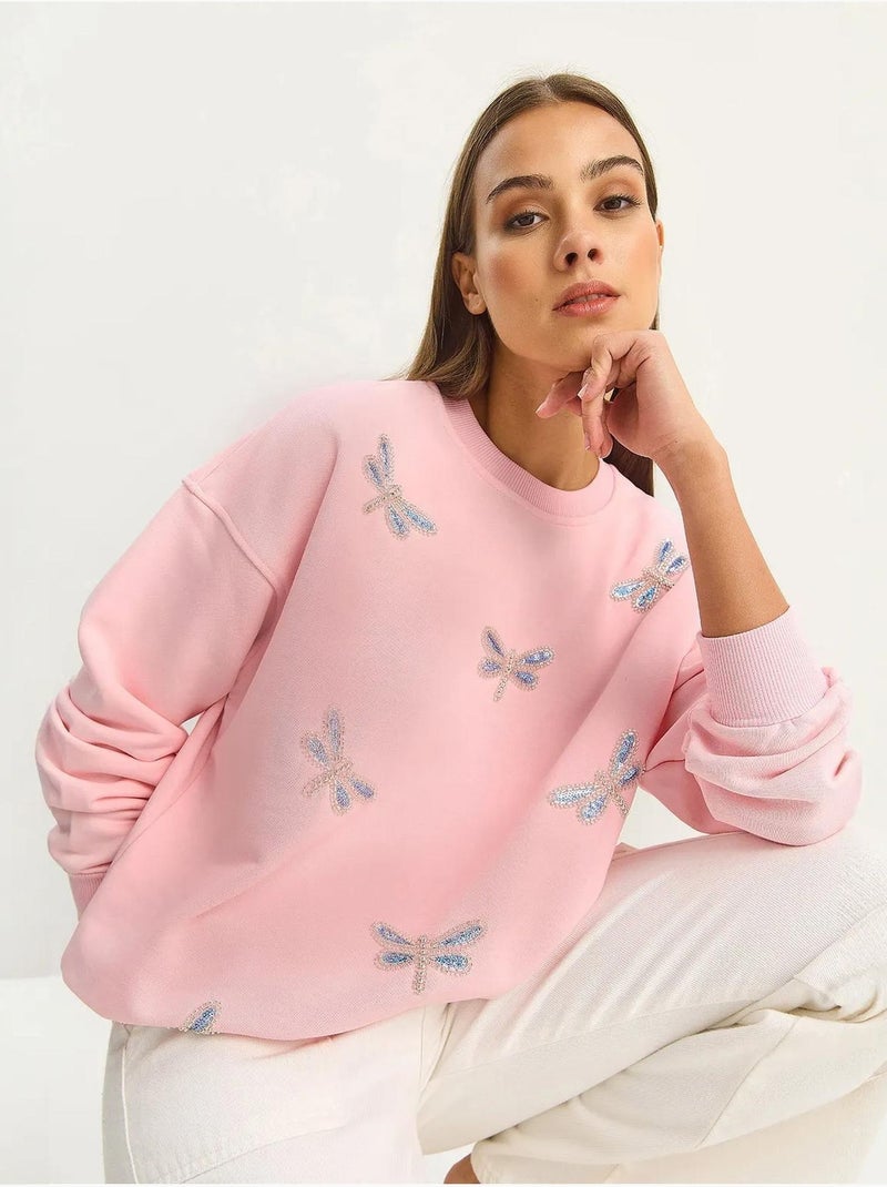 Sweatshirt de gola redonda com libélulas bordadas lucci Rosa doce - Kiabi