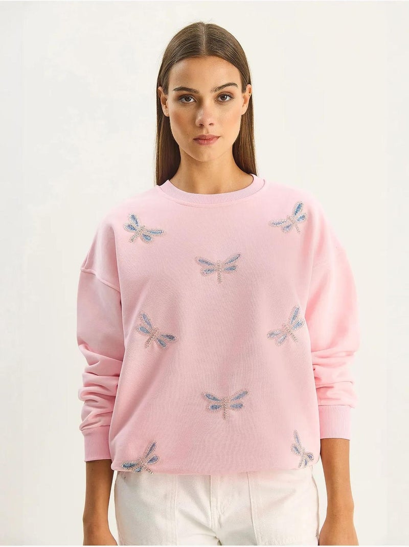 Sweatshirt de gola redonda com libélulas bordadas lucci Rosa doce - Kiabi