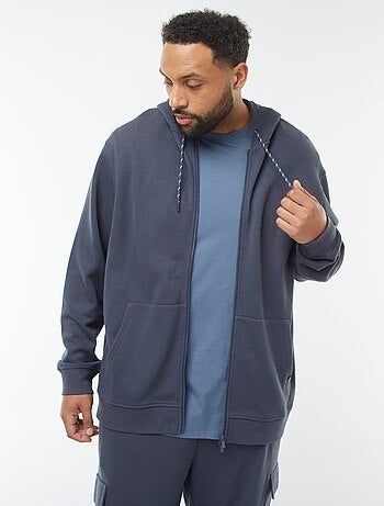Sweatshirt de malha piqué com abertura com fecho e capuz