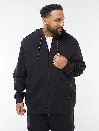 Sweatshirt de malha piqué com abertura com fecho e capuz