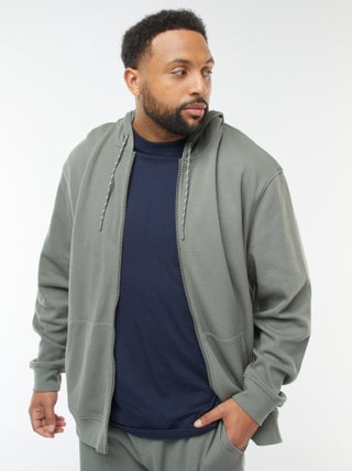 Sweatshirt de malha piqué com abertura com fecho e capuz