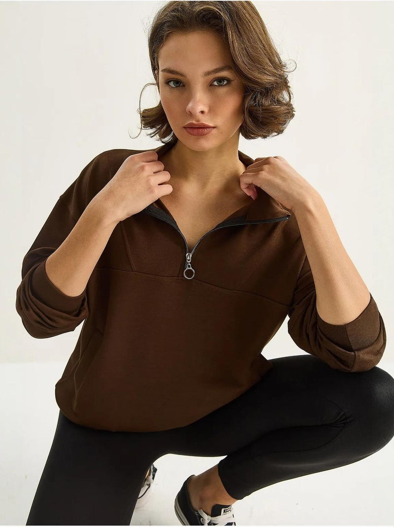 Sweatshirt de malha relaxed fit com gola com fecho de correr lucci Castanho-escuro - Kiabi