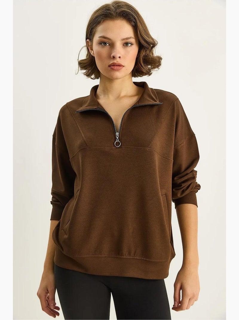 Sweatshirt de malha relaxed fit com gola com fecho de correr lucci Castanho-escuro - Kiabi