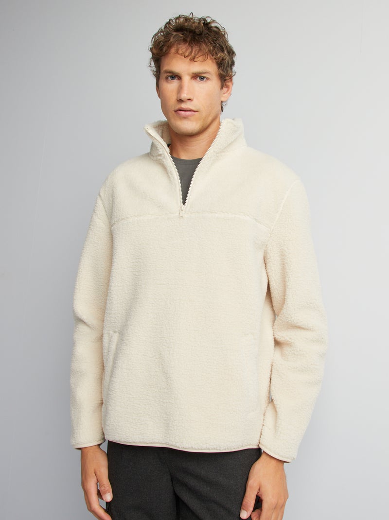 Sweatshirt efeito ovelha com gola com fecho BRANCO - Kiabi