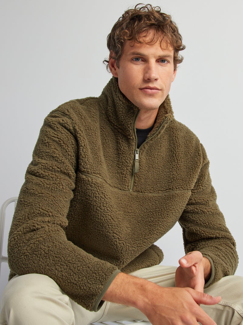 Sweatshirt efeito ovelha com gola com fecho CAQUI - Kiabi
