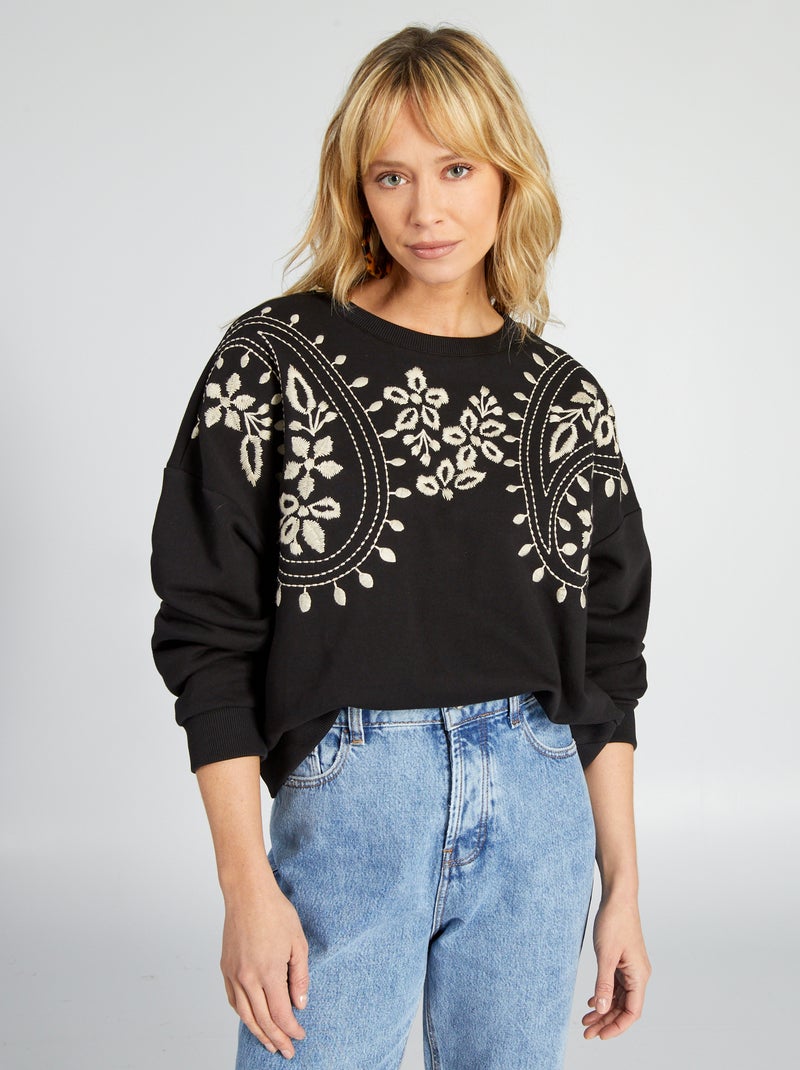 Sweatshirt em moletão com bordado Preto - Kiabi