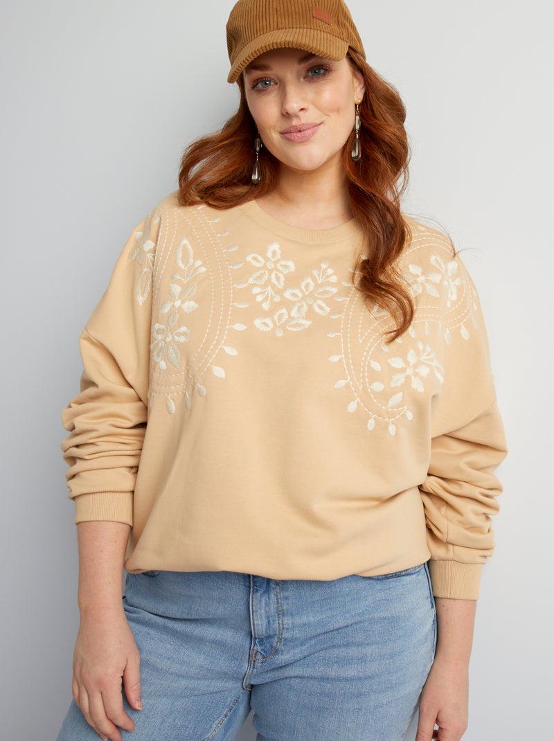 Sweatshirt em moletão com bordados BEGE - Kiabi