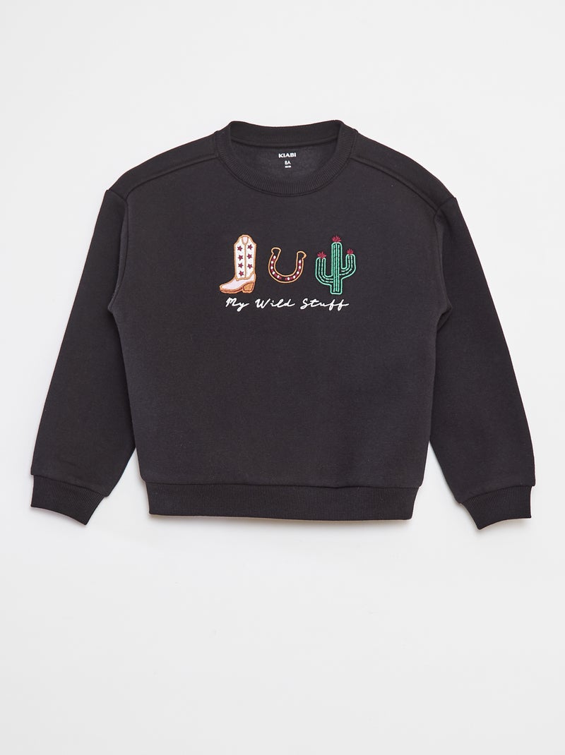 Sweatshirt em moletão com bordados e franjas nas mangas Preto - Kiabi