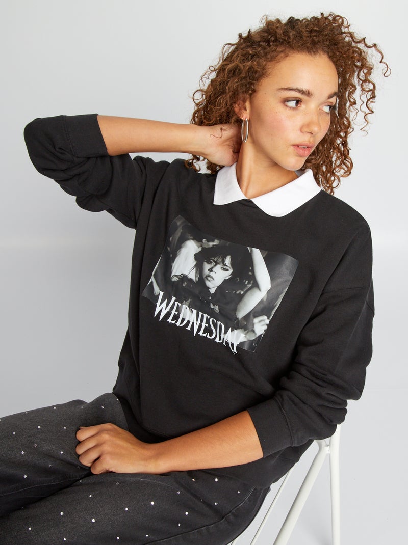 Sweatshirt em moletão com colarinho de polo 'Wednesday' Preto - Kiabi