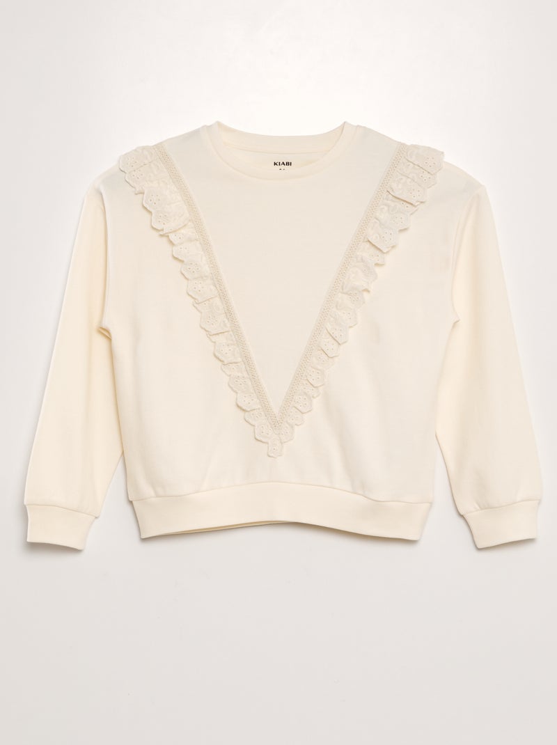 Sweatshirt em moletão com folhos BRANCO - Kiabi