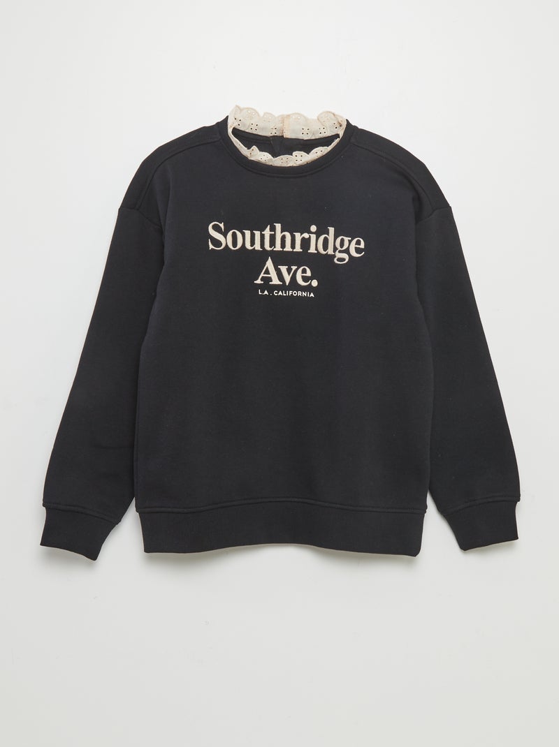 Sweatshirt em moletão com gola de renda PRETO - Kiabi