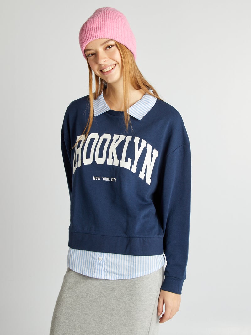 Sweatshirt em moletão efeito 2 em 1 na gola e na base AZUL - Kiabi