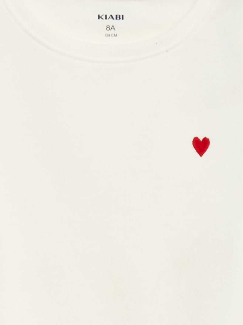 Sweatshirt em moletão liso com coração bordado Branco - Kiabi