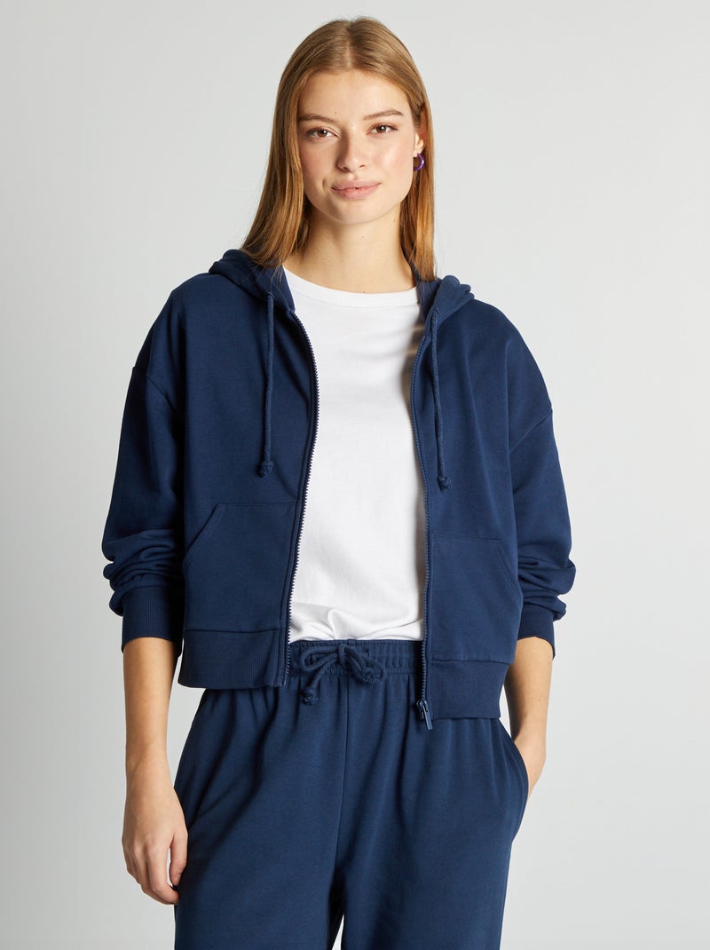 Sweatshirt em moletão liso com fecho e capuz AZUL - Kiabi