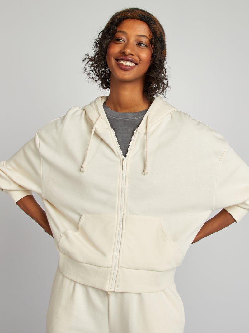 Sweatshirt em moletão liso com fecho e capuz BEGE - Kiabi